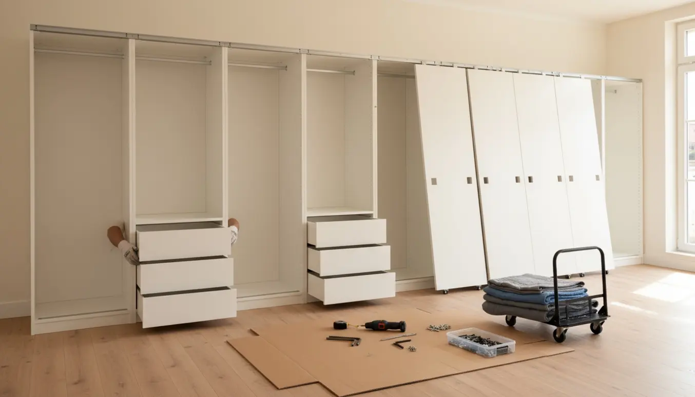 Delvist adskilte hvide PAX-skabstel med afmonterede skydedøre, værktøj og flytteudstyr i et lyst rum.