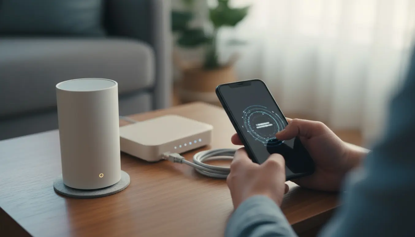 Hænder forsøger at forbinde en smart-højttaler til en ny router med en telefonapp.