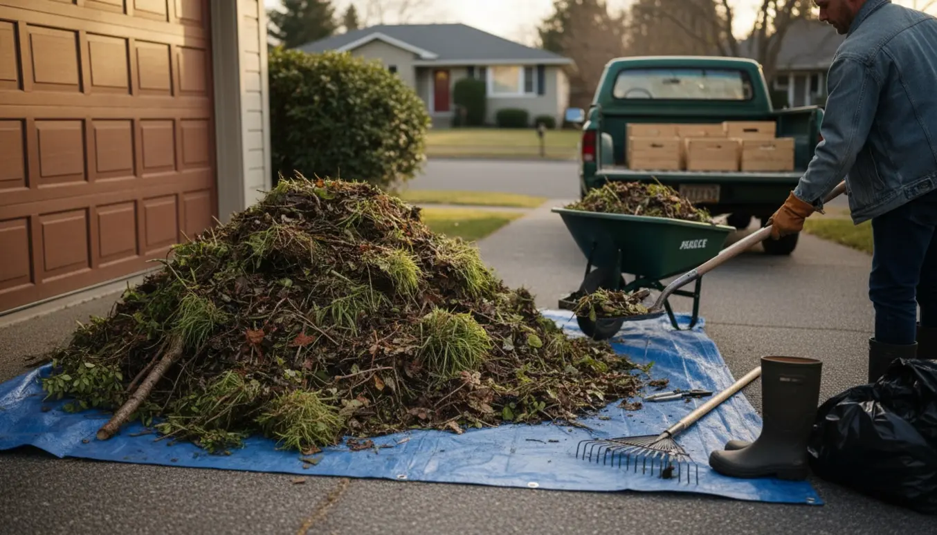 Stor bunke haveaffald i indkørsel med en person set bagfra, der læsser det i en trillebør.
