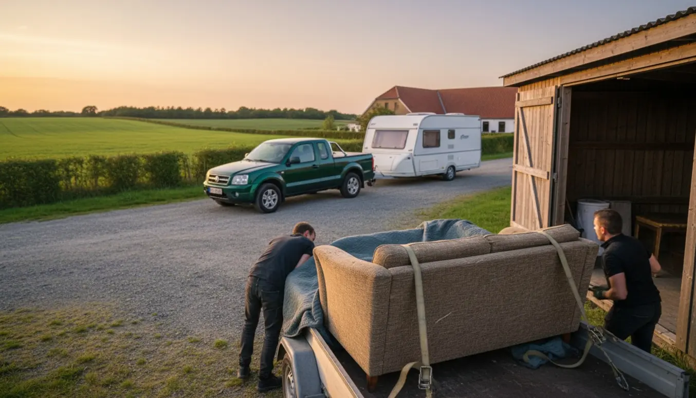 To personer laster en sovesofa fra et depot på en trailer, mens en campingvogn er koblet til en pickup på en landvej.