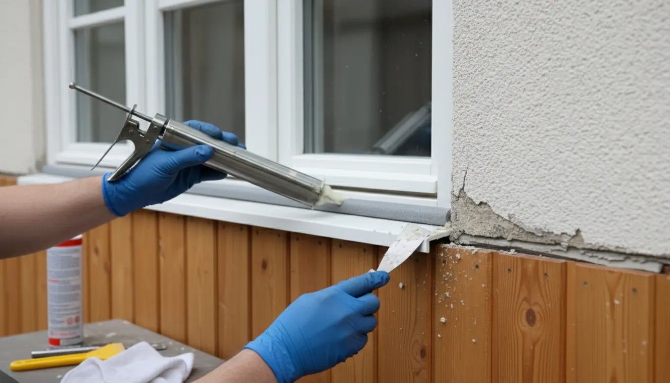 Nærbillede af handsker og fugepistol, der påfører ny fuge mellem træbeklædning og mur ved et vindue.