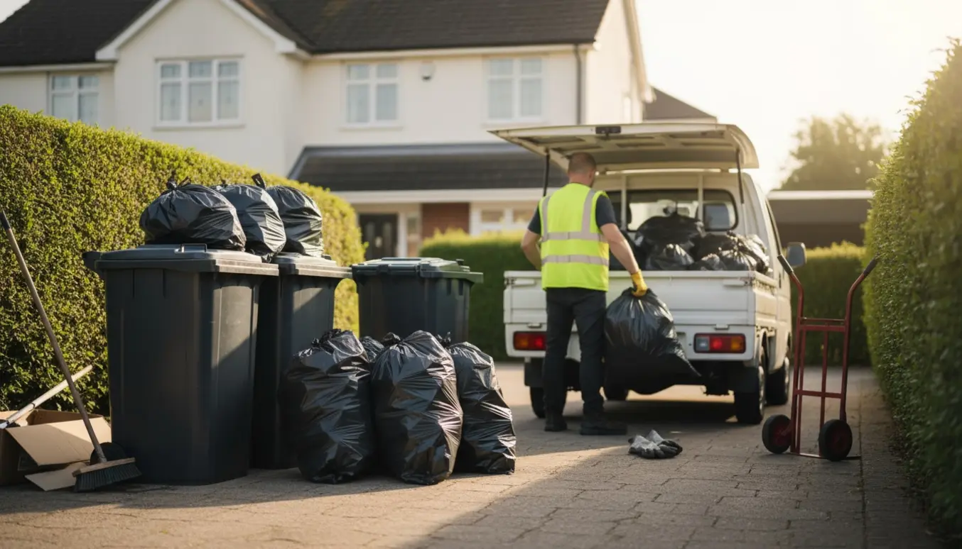 Overfyldte skraldespande og sorte affaldssække foran et parcelhus, en arbejder læsser sække ind i en varebil.