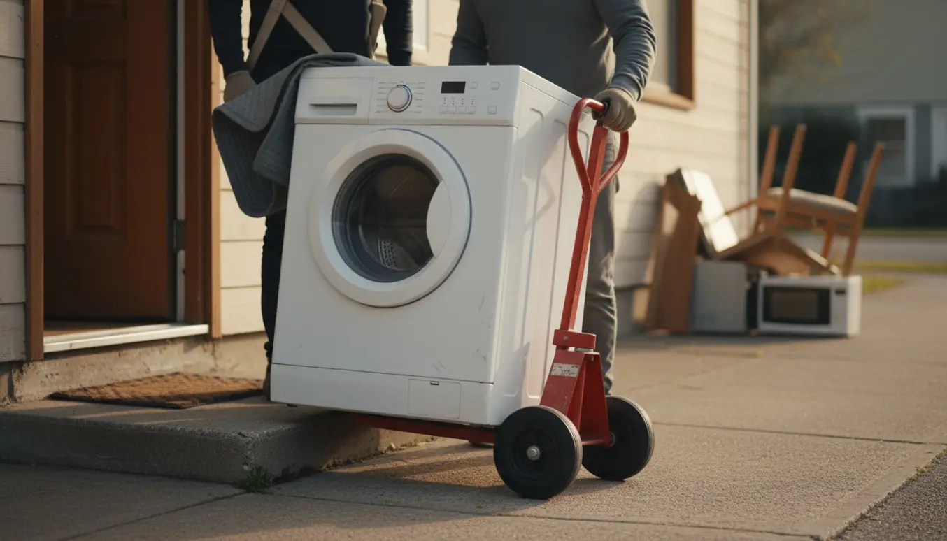 To personer bærer en lille vaskemaskine ud fra en høj stuelejlighed ned på fortovet ved storskrald.