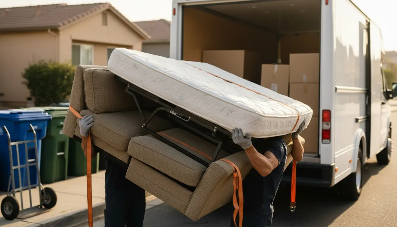 To personer løfter en sovesofa og en dobbeltseng ind i en varebil ved vejkanten klar til genbrugsstationen.