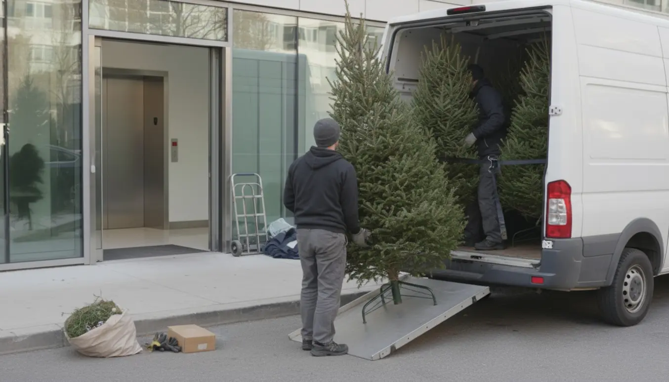 Flyttefolk læsser tre afpyntede juletræer ind i en varebil foran en kontorbygning med elevator og parkeringsplads.