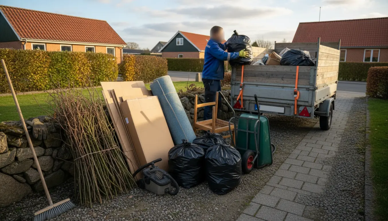 Person læsser affald i en trailer på en dansk villavej.