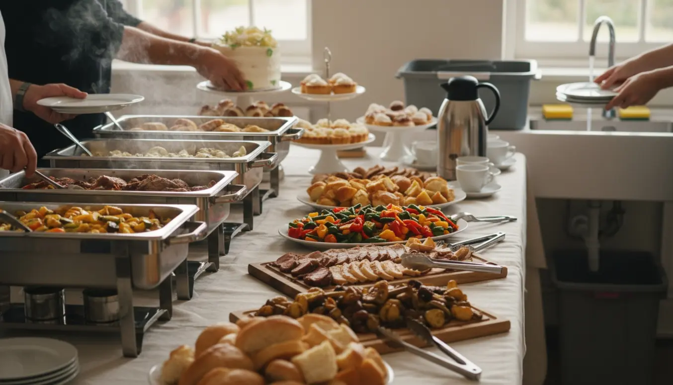 Hænder arrangerer varm buffetmad og kagebord, hælder kaffe og rydder brugt service væk.
