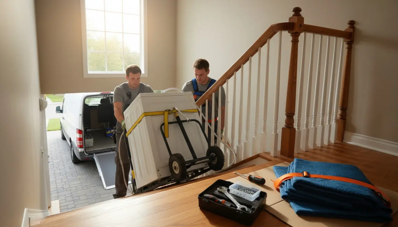 To flyttemænd bærer en vaskemaskine og en opvaskemaskine ned ad en trappe mod en varevogn med værktøj og afmonterede slanger på reposen.
