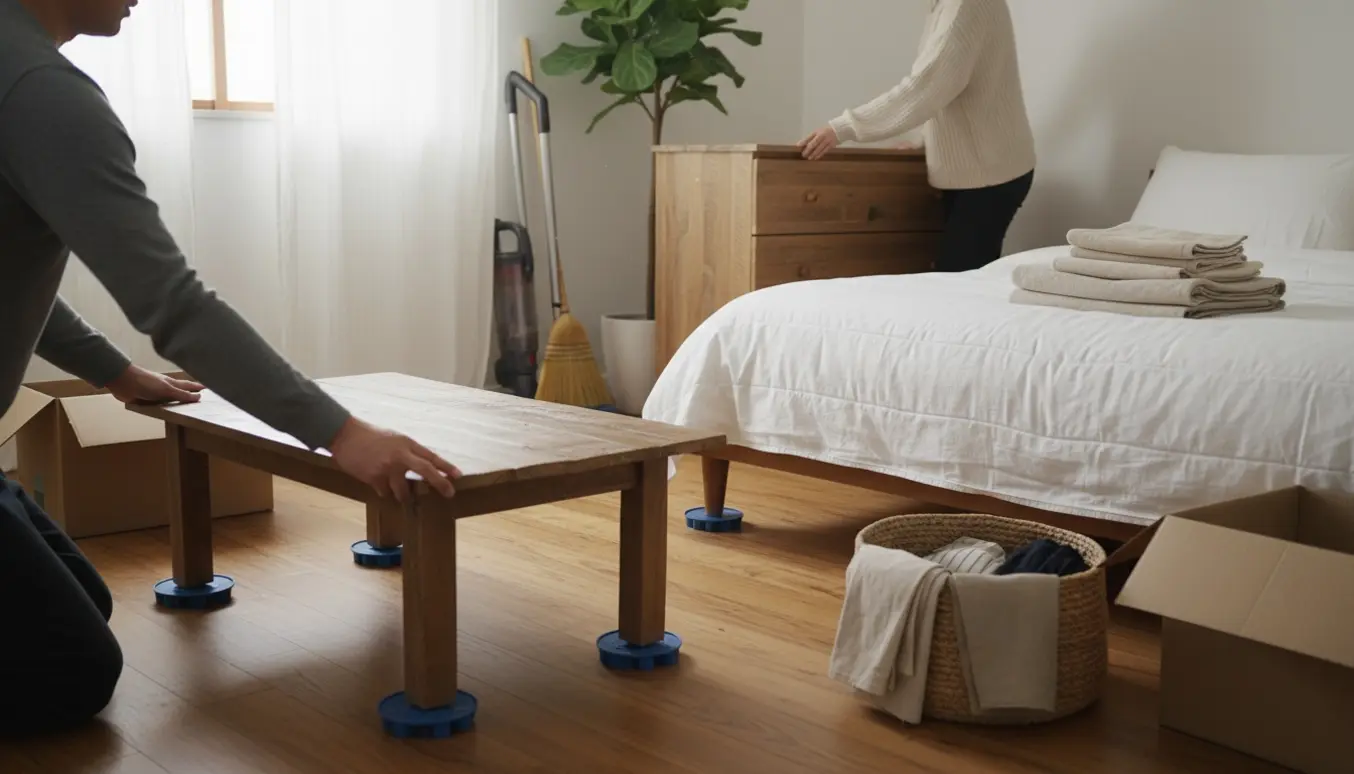 Gæsteværelse under oprydning med et sofabord og to kommoder, foldet sengetøj og flyttekasser i rummet.