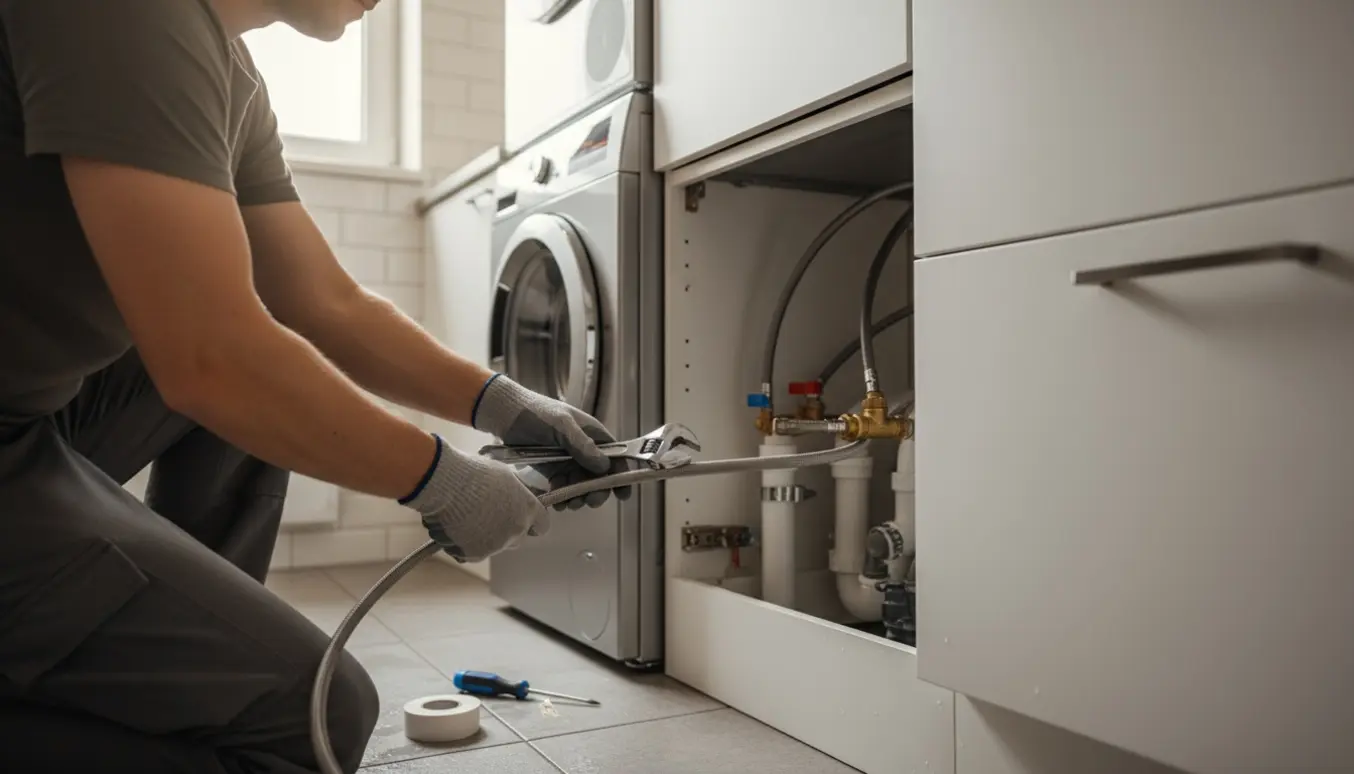 Tekniker forbinder vaskemaskine, tørretumbler og opvaskemaskine i en lejebolig med fokus på værktøj og tilslutninger.