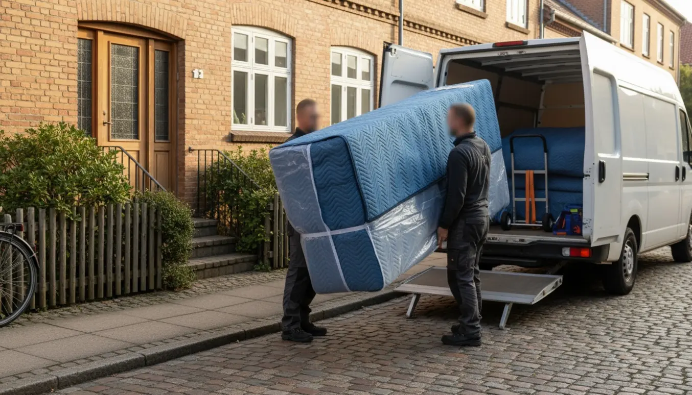 To personer bærer en indpakket boxmadras fra stueetagen ind i en åben flyttebil på en rolig dansk villavej.