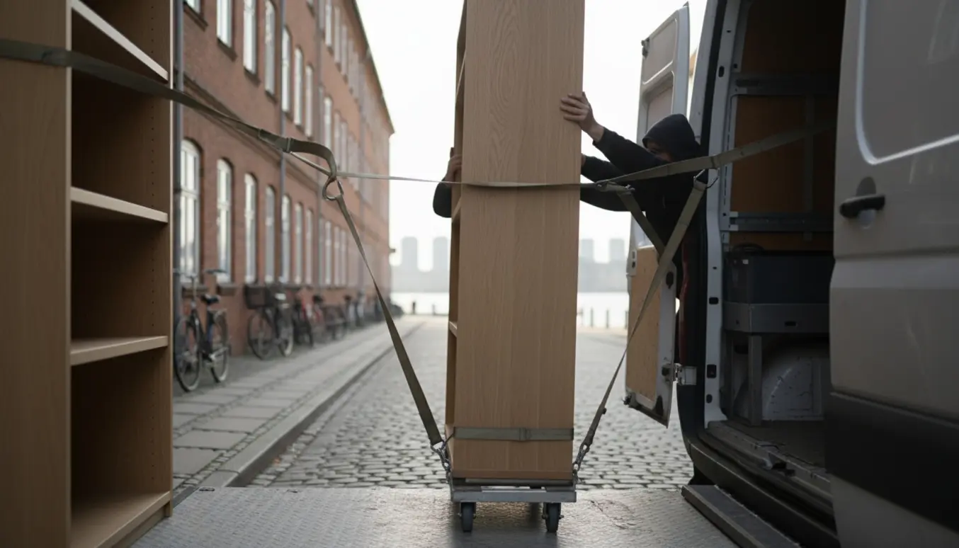 En lys egetræssreol på en møbeltralle løftes ind i en hvid varevogn på en københavnsk gade.