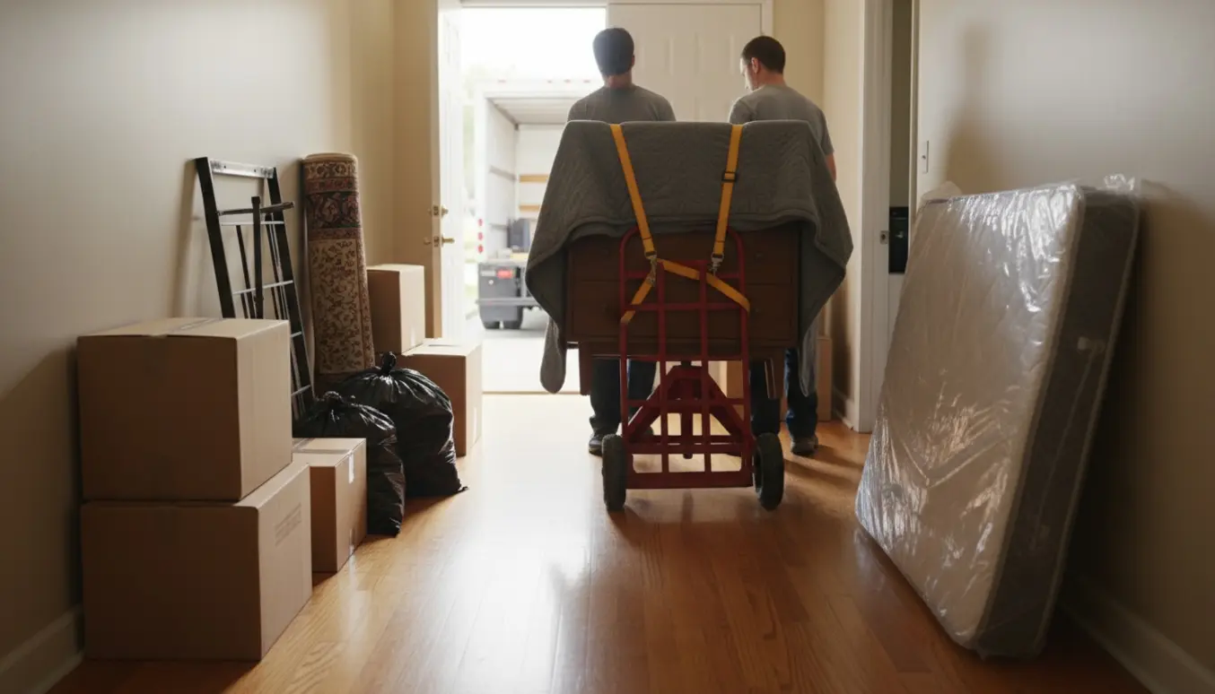 Møbler og kasser bæres ud af en lejlighed, klar til flytning og bortkørsel af affald.