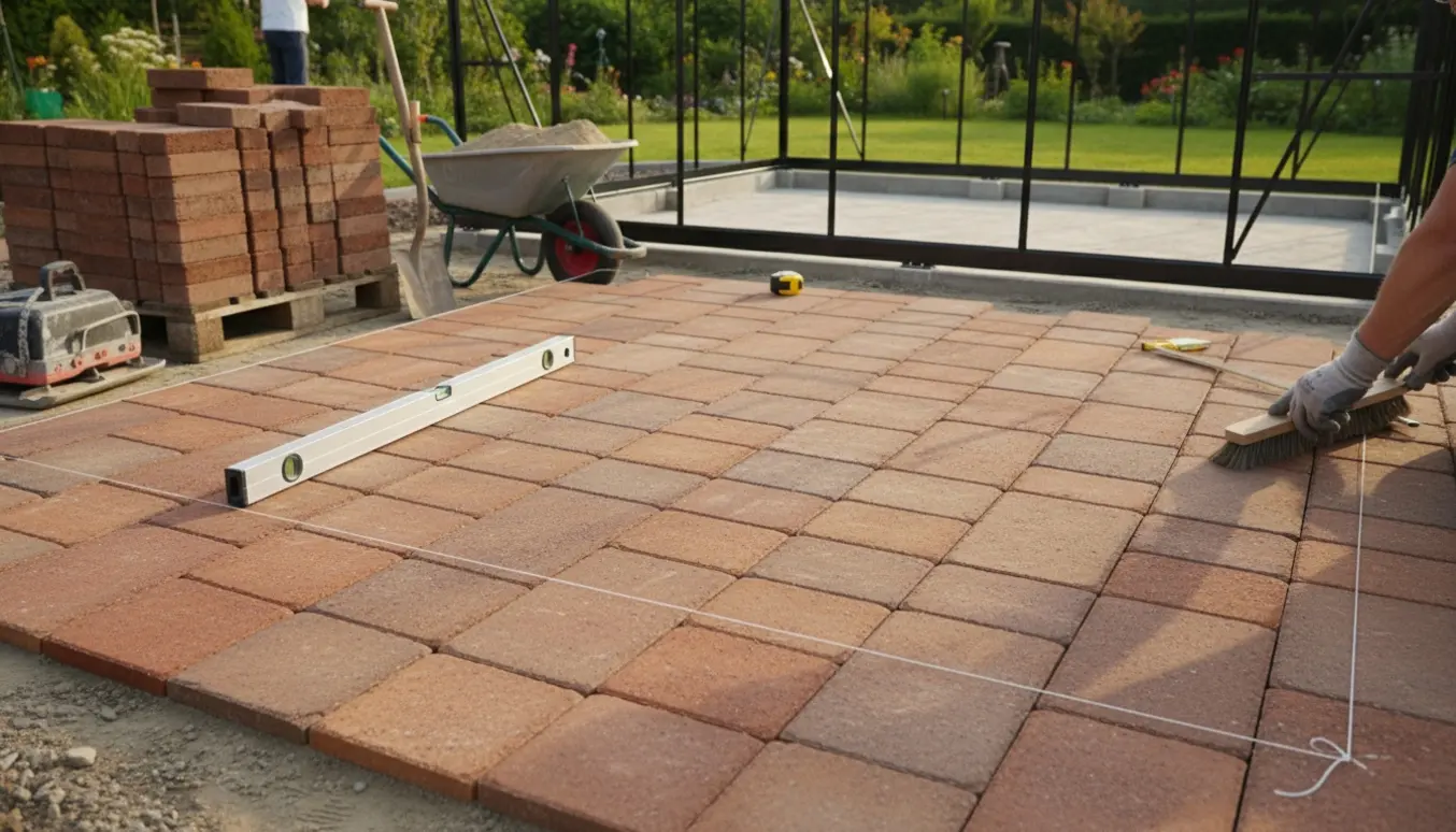 Delvist færdigbelagt område med røde havetegl ved et drivhus, med sand, værktøj og fundament synligt.