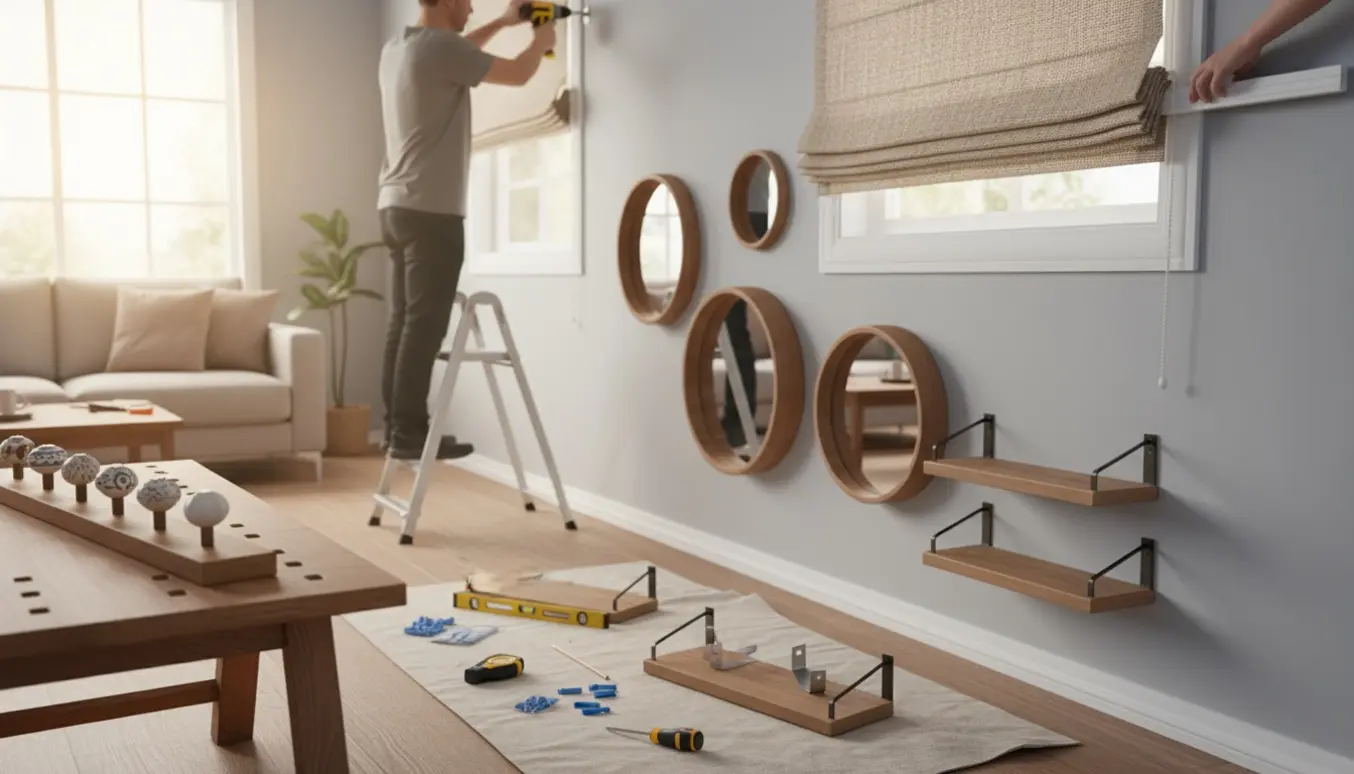 Hænder monterer foldegardiner og lamelgardiner og hænger spejle, hylder og knager i en lys stue.