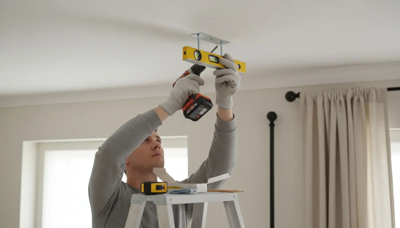 Montage af gardinstang i loftet med boremaskine og værktøj på en stige.