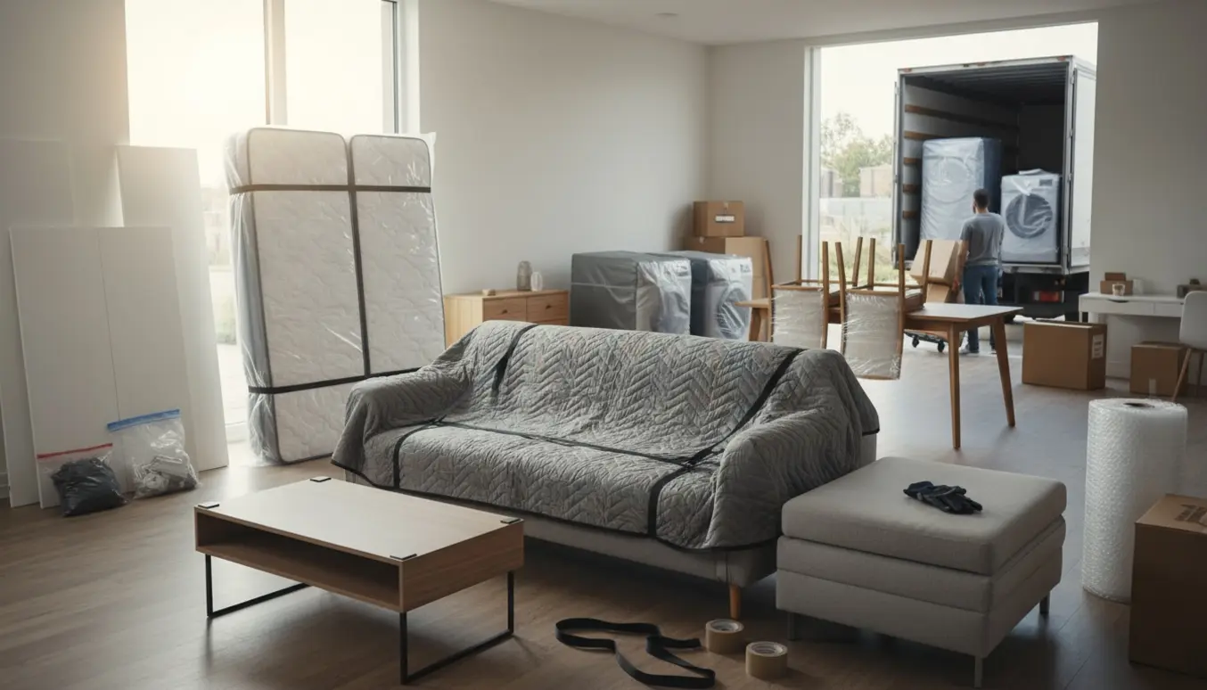 Møbler og hvidevarer pakket og klar til flytning, flyttefolk læsser en åben flyttebil.