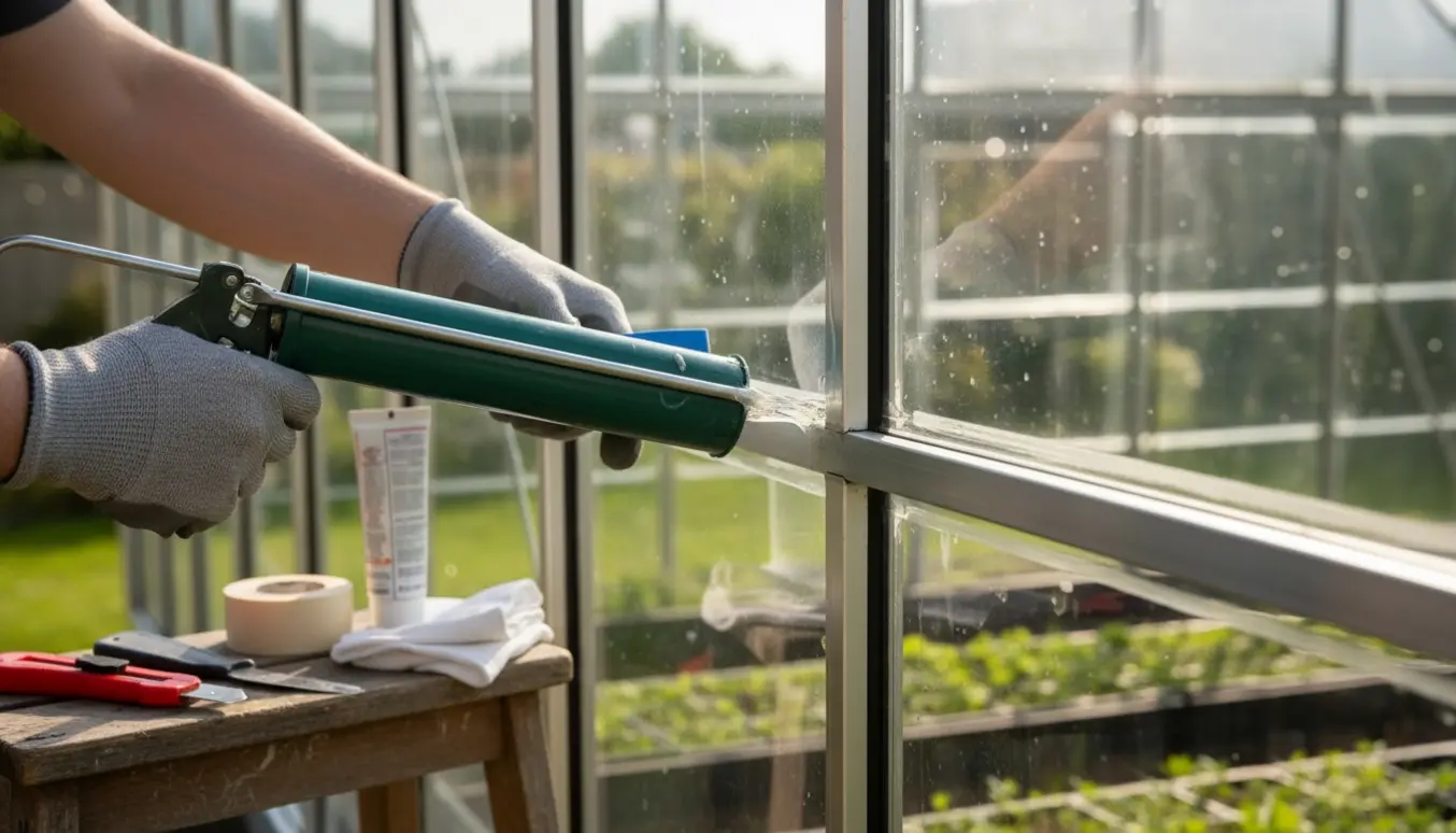 Nærbillede af handskerede hænder, der fuger hærdet glas fast i en drivhusramme med en fugepistol og glatteværktøj.