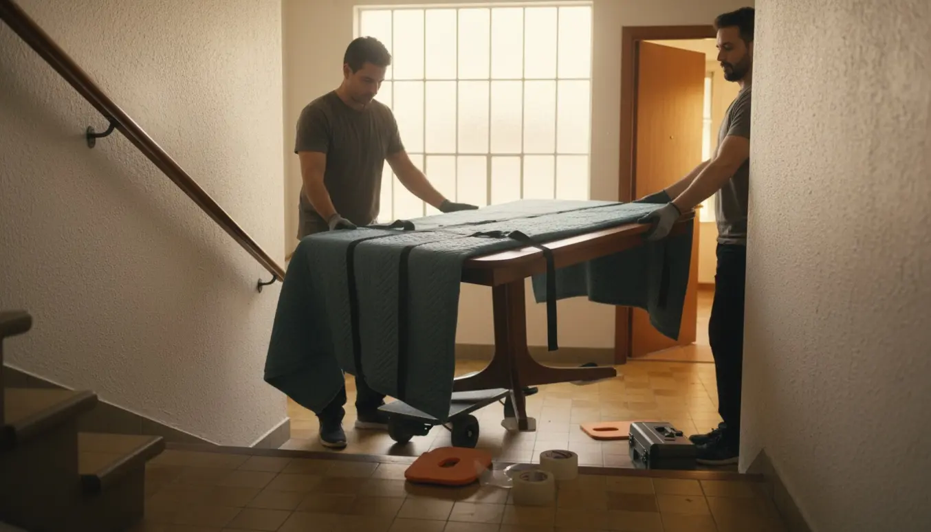 Et indpakket spisebord flyttes gennem en lys opgang på 3. sal med dolly og flytteudstyr i fokus.