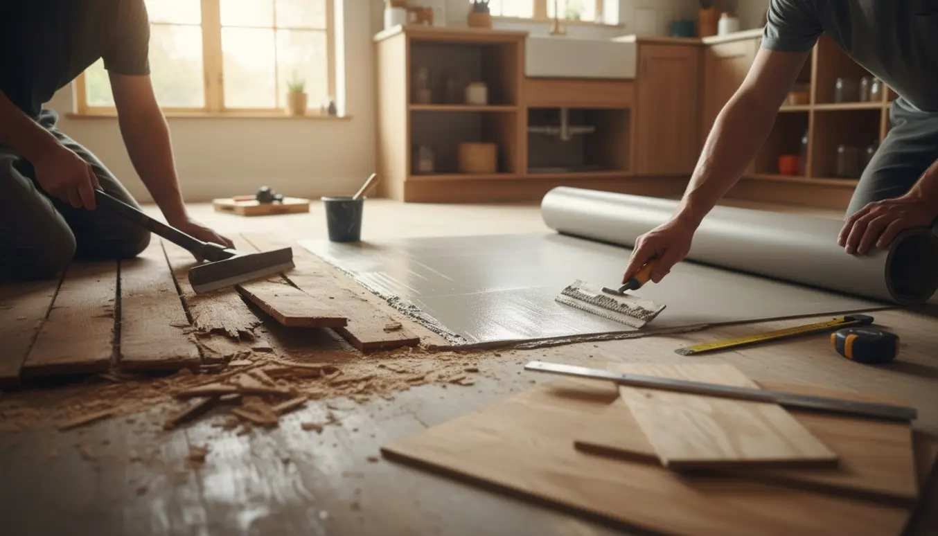 Hænder fjerner gammelt trægulv i et køkken, klar til at lægge nyt linoleum med værktøj og materiale ved siden af.