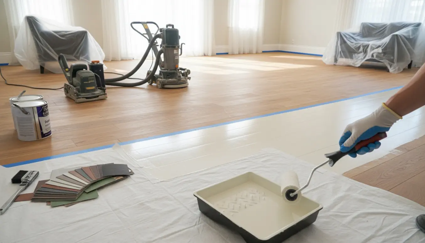 Halvfærdigt trægulv med slibemaskine og rulle, hvor hvidpigmenteret lak påføres i et lyst rum.