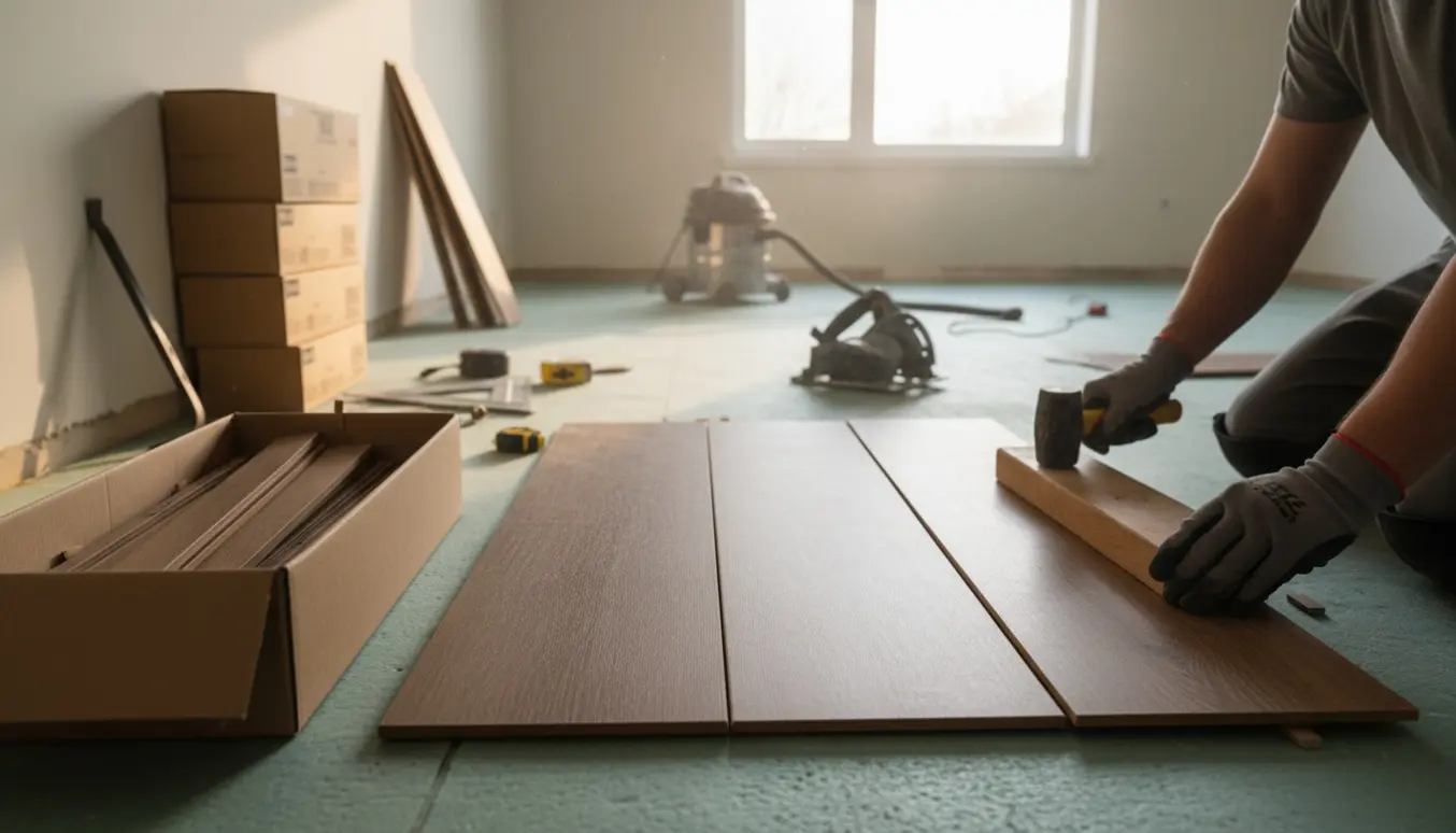 Hænder lægger nyt laminatgulv i en stue med fjernet gammelt gulv og værktøj omkring.