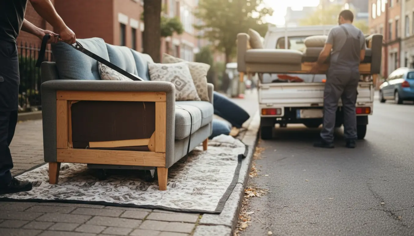 Skilt ad 4-personers sofa med chaiselong læsses fra fortovet ved kantstenen til en genbrugsbil.