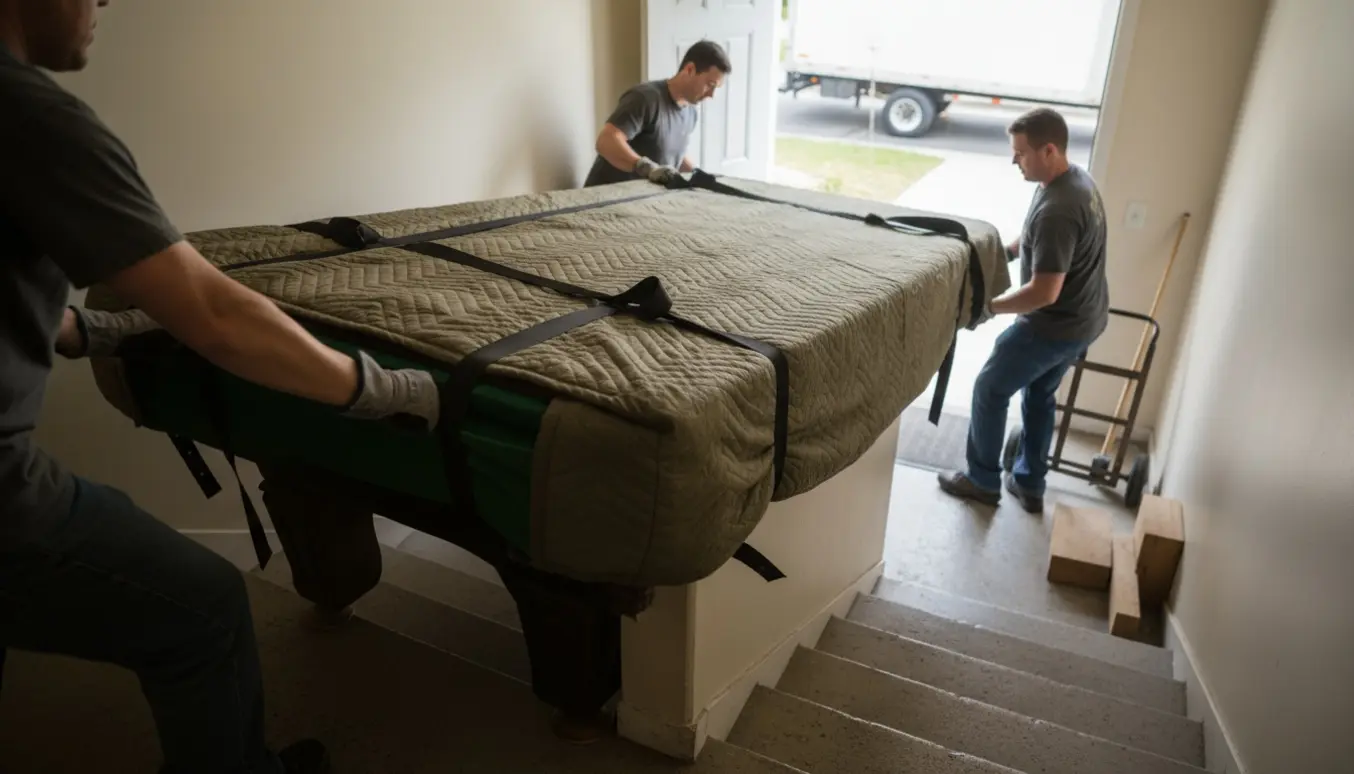 Flyttefolk manøvrerer et beskyttet billardbord op ad en trang kældertrappe omkring et hjørne.
