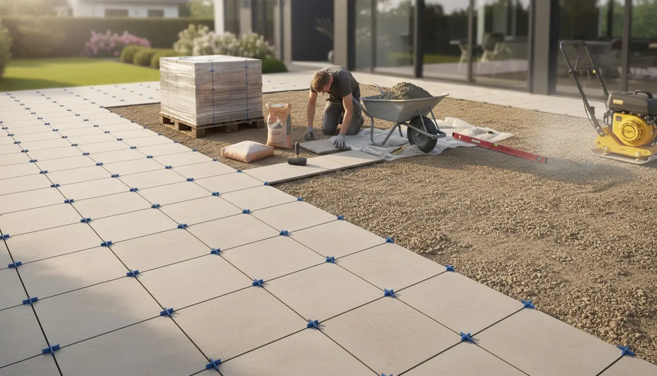 Delvist færdig flisebelægning på terrasse med værktøj og pladevibrator i baggrunden.