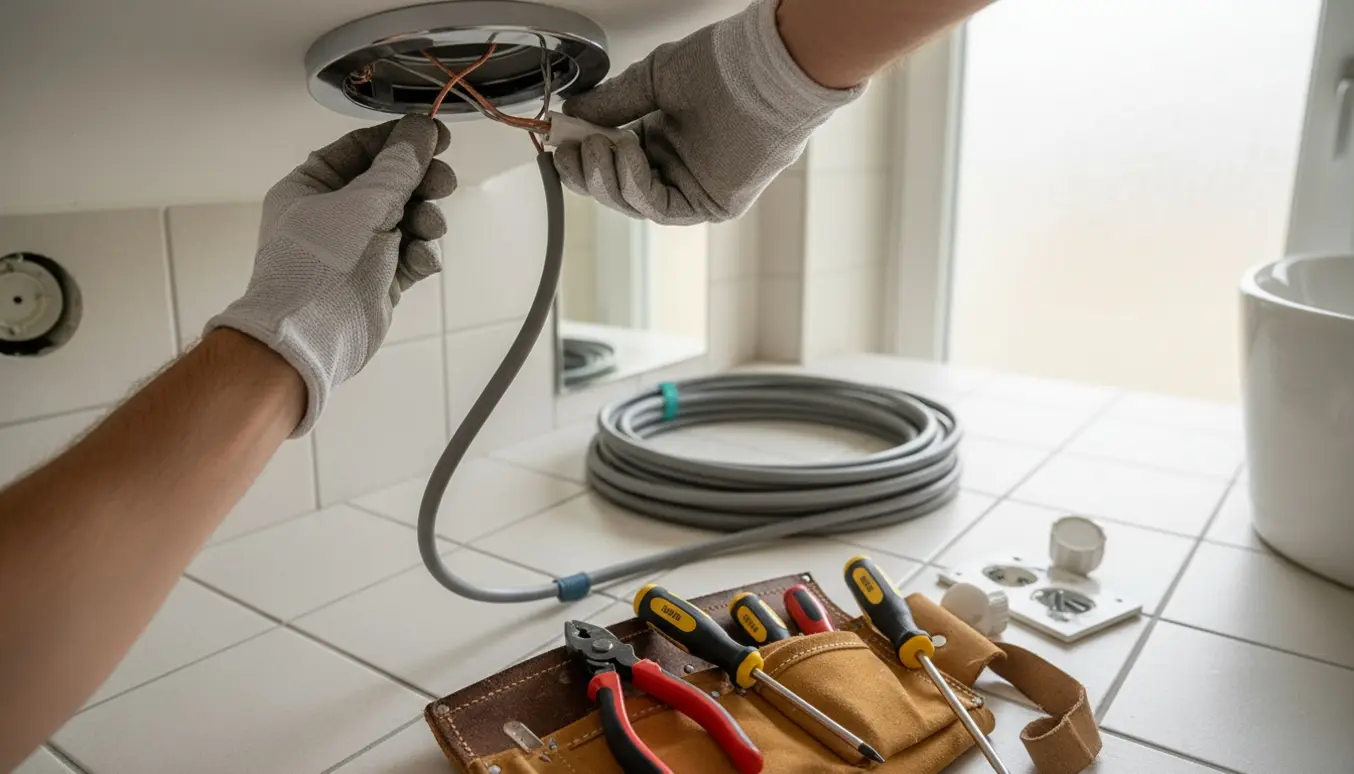 Elektriker på stige udskifter gamle halogenspot i et lille badeværelse med kabelrulle og værktøj i baggrunden.