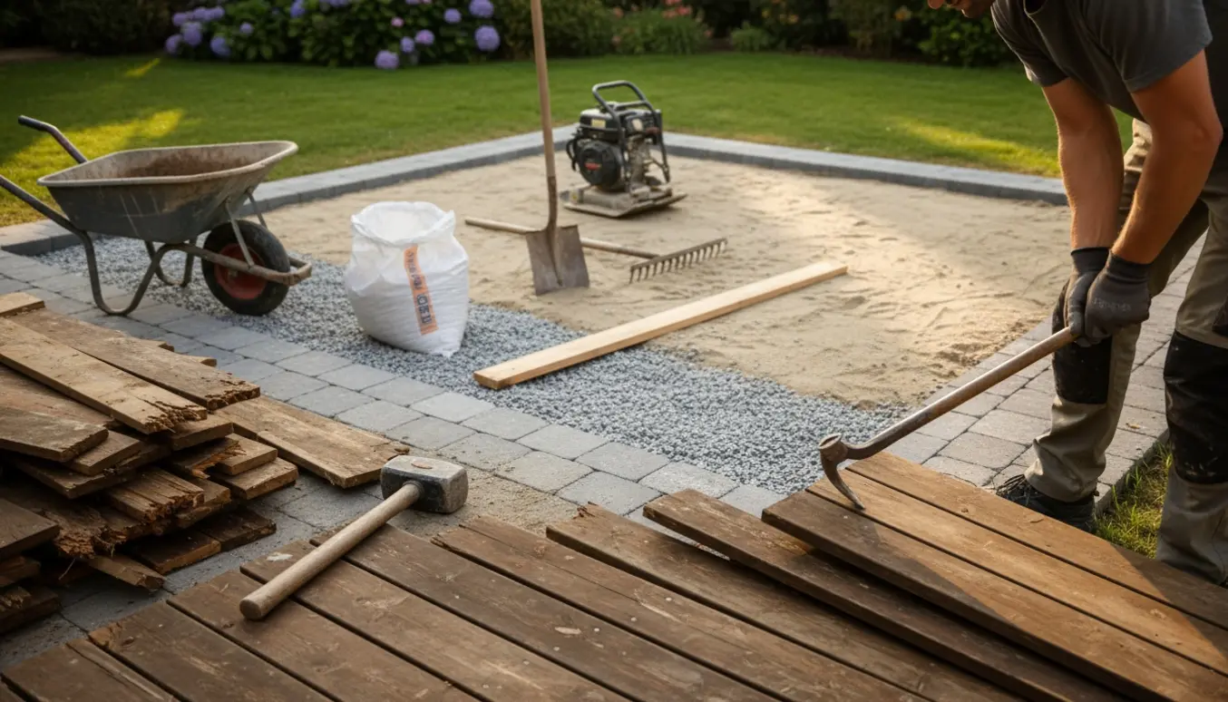 Renovering af terrasse: træbrædder bliver fjernet, og granitskærver spredes på et forberedt underlag.