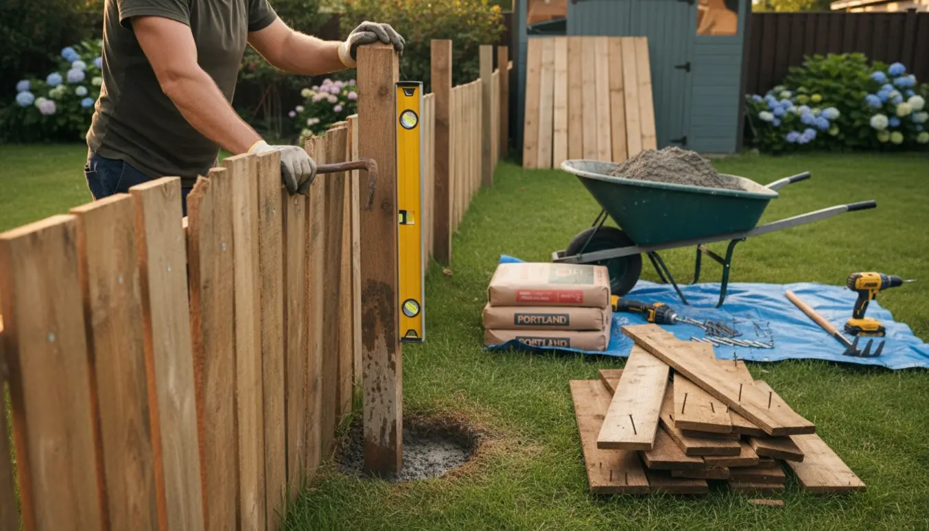 Hænder monterer nye træstolper i en baghave med værktøj og nye hegnspaneler klar.