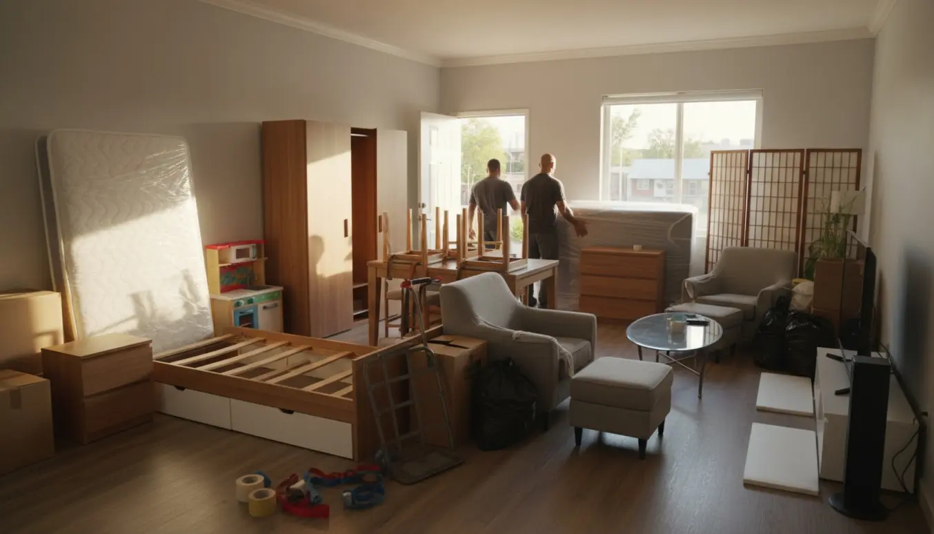 Pakkede møbler og flyttekasser i en lys lejlighed med en åben flyttebil udenfor.