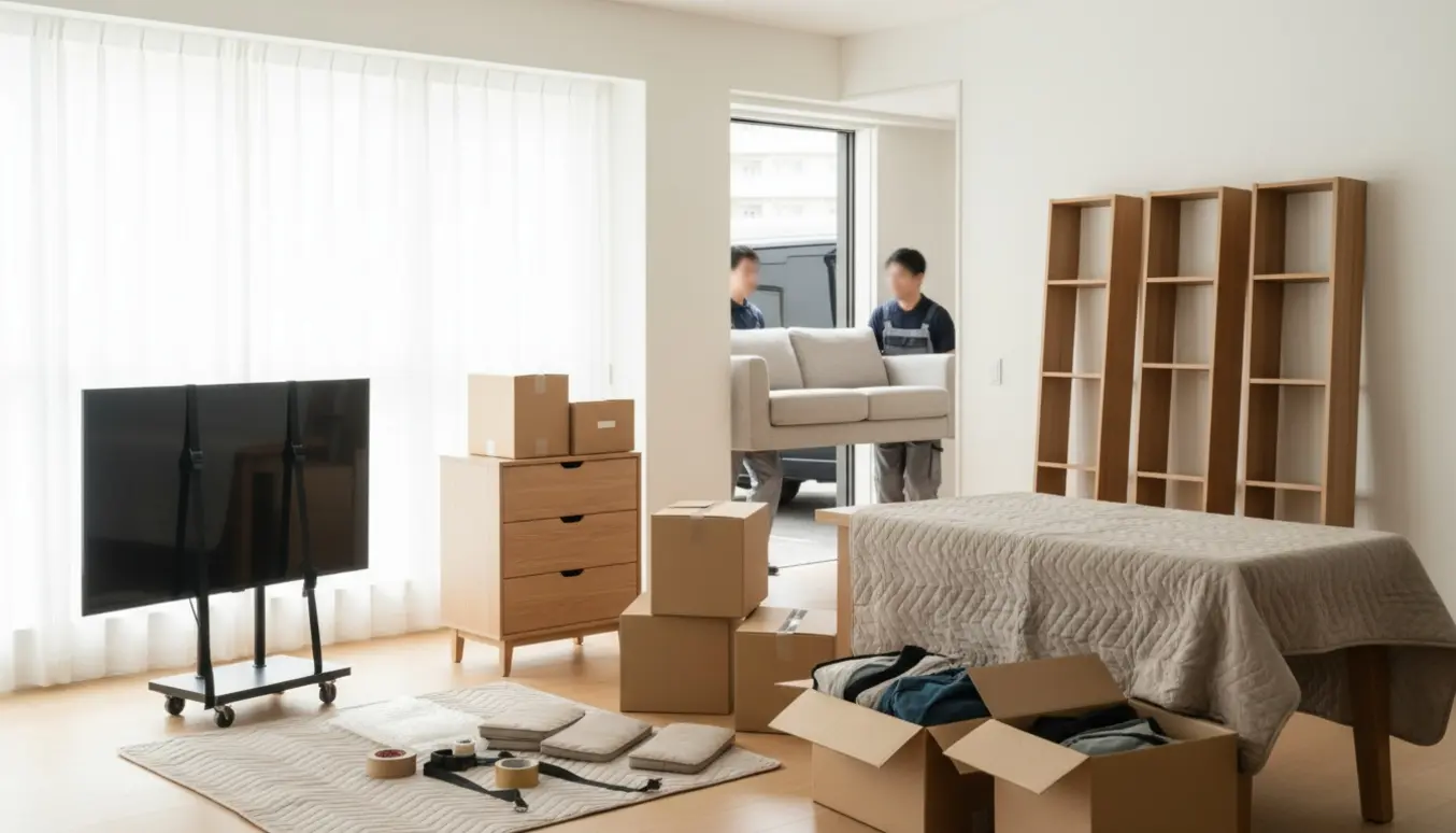 Møbler og flyttekasser i en lys lejlighed, mens to flyttere bærer en sofa.