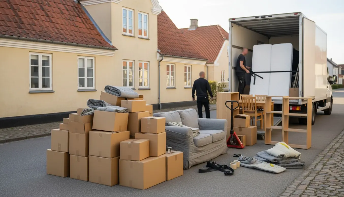 Flyttefolk læsser sofa, kasser og møbler ind i en flyttevogn foran en charmerende ejendom i Ebeltoft.