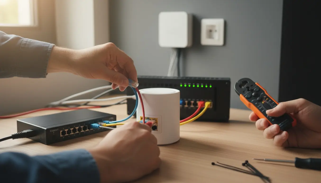 Hænder tilslutter Ethernet-kabler til router og switch under fejlsøgning af hjemmeinternet.