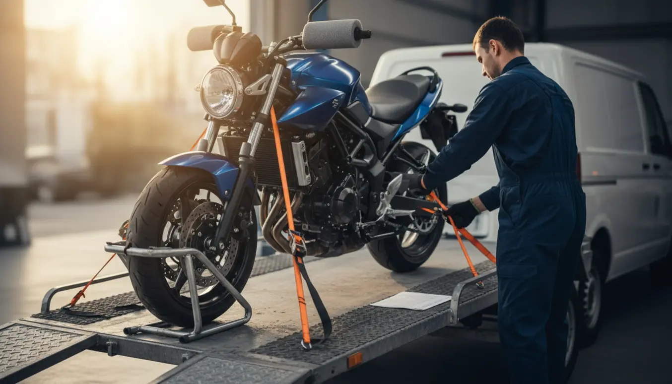 En midtstor sportstouring motorcykel sikres med stropper på en anhænger uden for en forhandler.