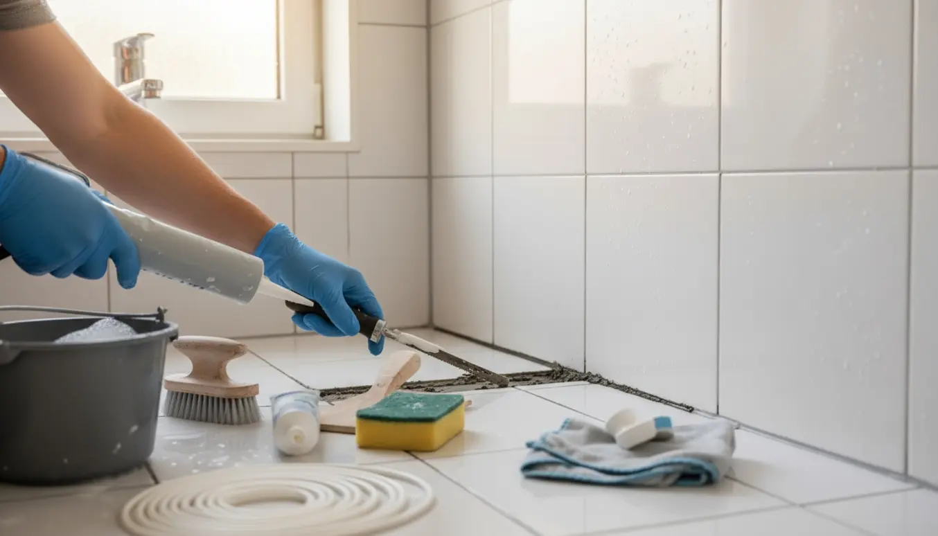 Nærbillede af hænder i handsker, der renser og udskifter flisefuge i en lille kabine ved gulv og armatur.