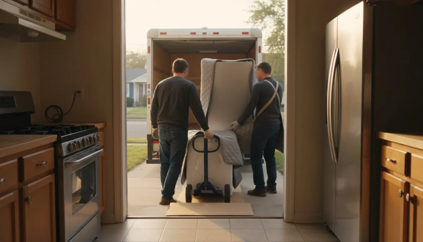 To flyttemænd bærer en vaskemaskine og et køleskab ud fra en stuelejligheds køkken mod en varevogn, ansigter ude af fokus.