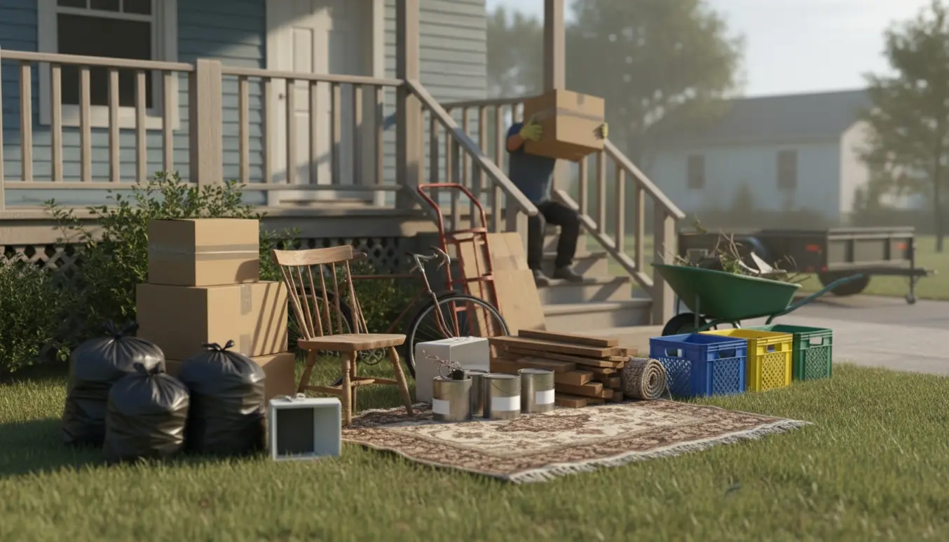 Sorterede affaldsposer og genstande udenfor huset, mens en person bærer kasser op fra kælderen.