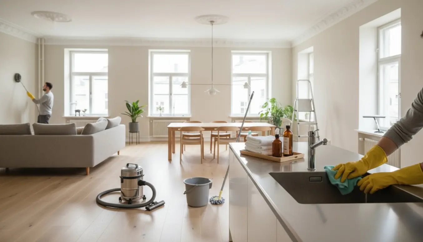 Professionel hovedrengøring i en lys, rummelig lejlighed med rengøringsudstyr og skinnende overflader.