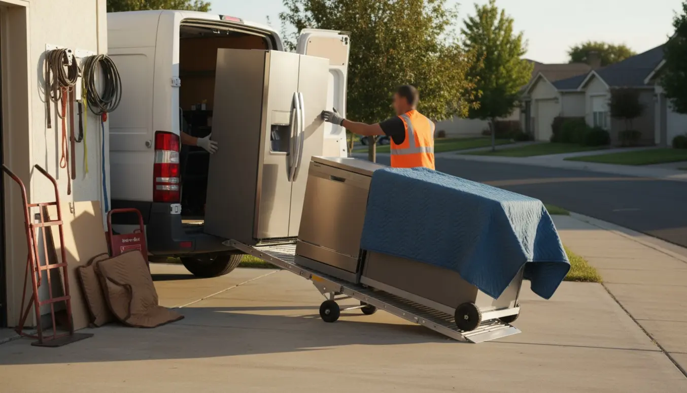 Varebil læsses med køleskab, opvaskemaskine og boksmadras foran garage med en hjælper set bagfra.