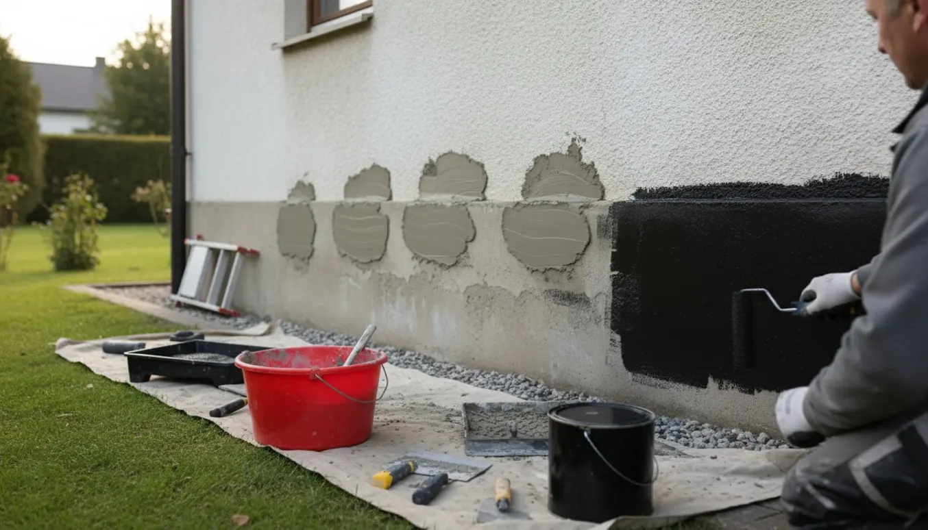 Sokkel på hus under reparation og maling med synlige cementlapper og sort maling.
