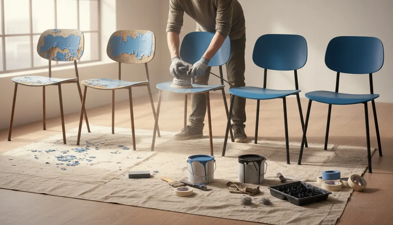 Seks skalsstole på et lyst værksted i forskellige renoveringsstadier, fra afskallede og rustne til nymalet blå med sorte ben.