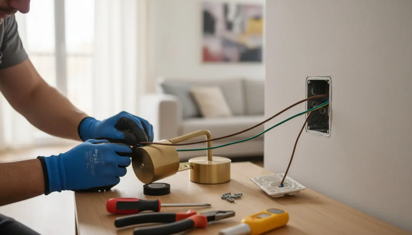 En elektriker tilslutter ledninger i et åbent stikkontakt og forbereder montering af en lampe.