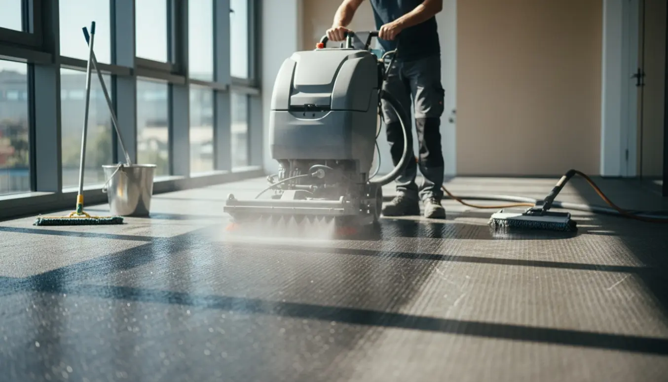 Professionel rengøring af eksponeret industriel gummiunderlag i et lyst kontor med en scrubber-dryer.