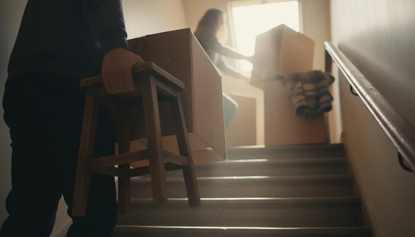 Person bærer skammel og flyttekasse op ad en trappe mod et åbent loftsrum i varmt dagslys.