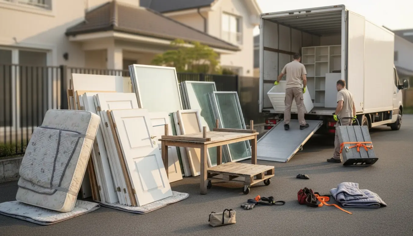 Organiseret afhentning af storskrald ved en villa med madrasser, døre, demonterede skabe, bord, palle og betonsokler ved en flyttevogn.