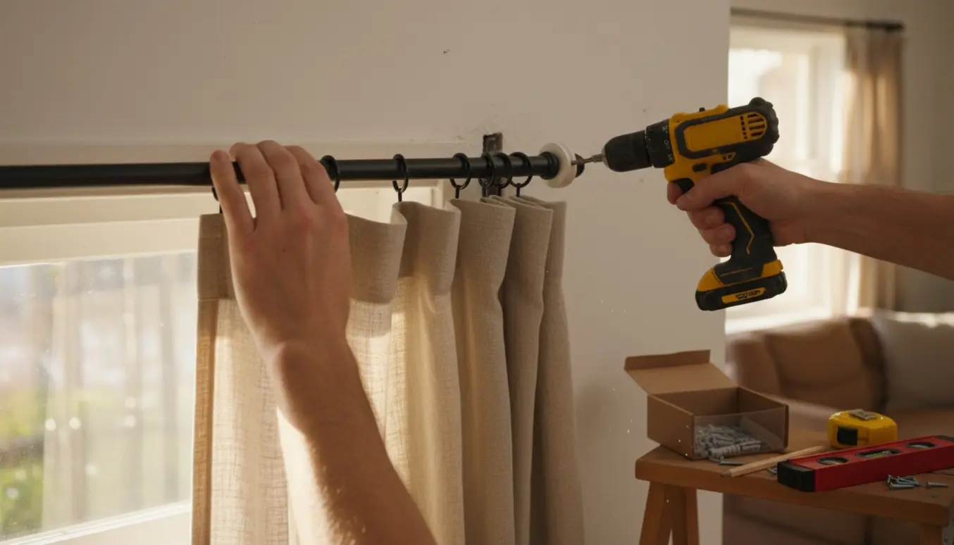 Nærbillede af hænder, der sætter en gardinstang op over et vindue med bor, skruer og værktøj.