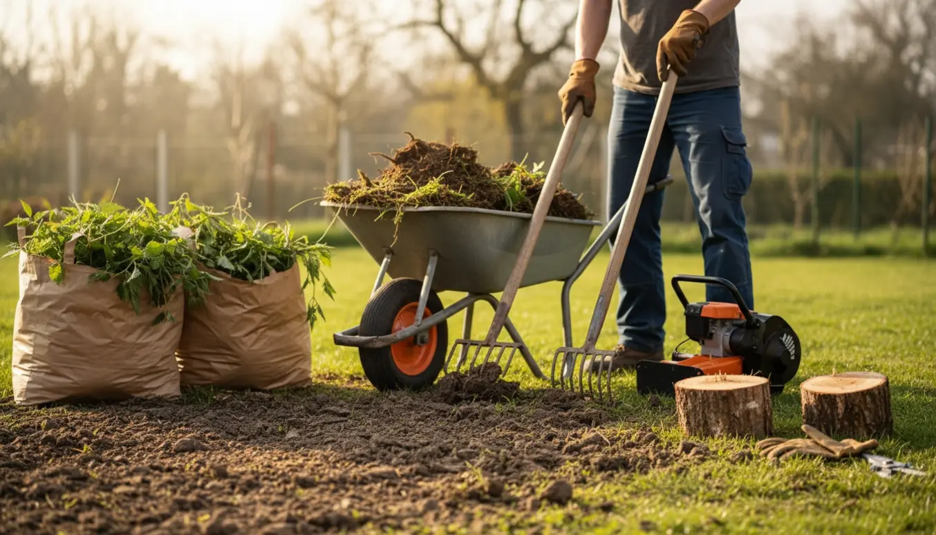 Rydning af gammel græs, ukrudt og træstubbe med skovl, rive og trillebør, så kun bar jord er tilbage.
